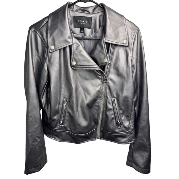 Torrid Plus Size 0X Metallic Faux Leather Moto Biker Jacket Silver Gray - Picture 5 of 11